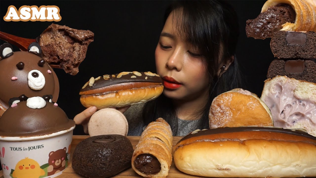 ASMR Chocolate Cream Filled DESSERTS (Macaron, MOUSSE Cake, Donut, Cream BREAD) 🍫 | Eating Sounds