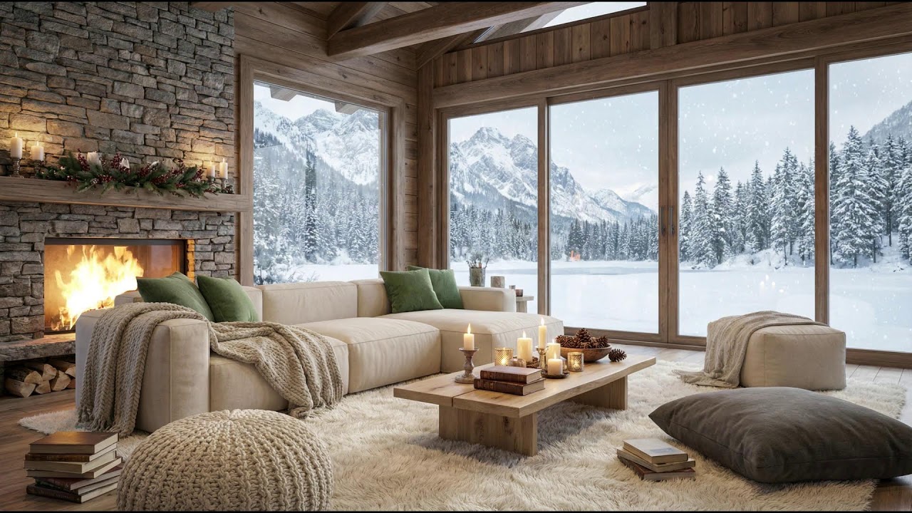 Luxury Winter Cabin Ambience 🌨️ Soft Jazz & Crackling Fireplace for Deep Focus (4K, 12 Hrs)