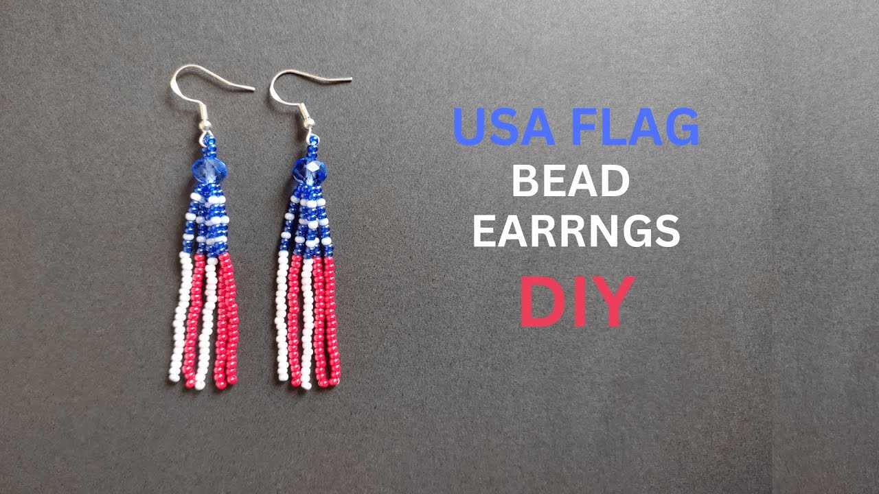 USA flag beaded earrings, seed bead earrings with bead fringes tutorial