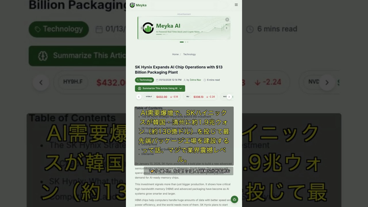 🧐👉 SKハイニックス、1.9兆ウォン投資でAIメモリ工場新設へ　HBM市場を席巻か 