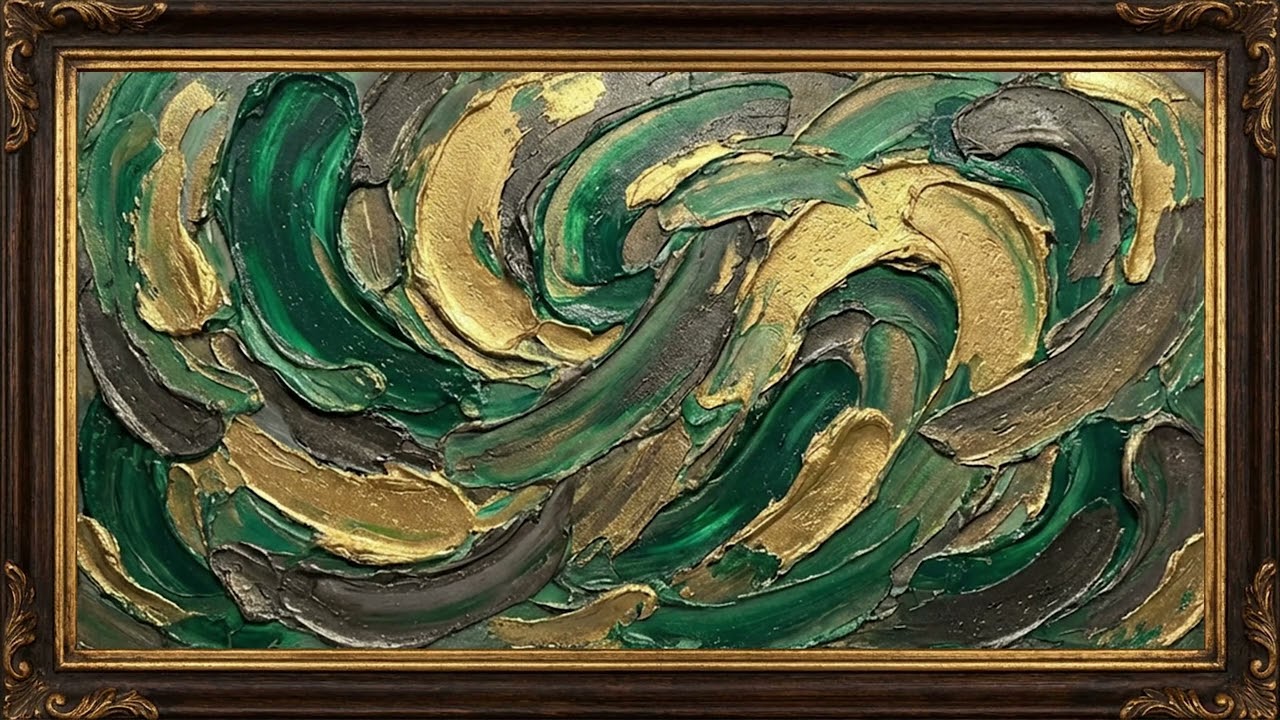 Emerald & Gold Currents | Luxurious Textured Abstract Swirl | 4K Framed Modern Art Statement Piece