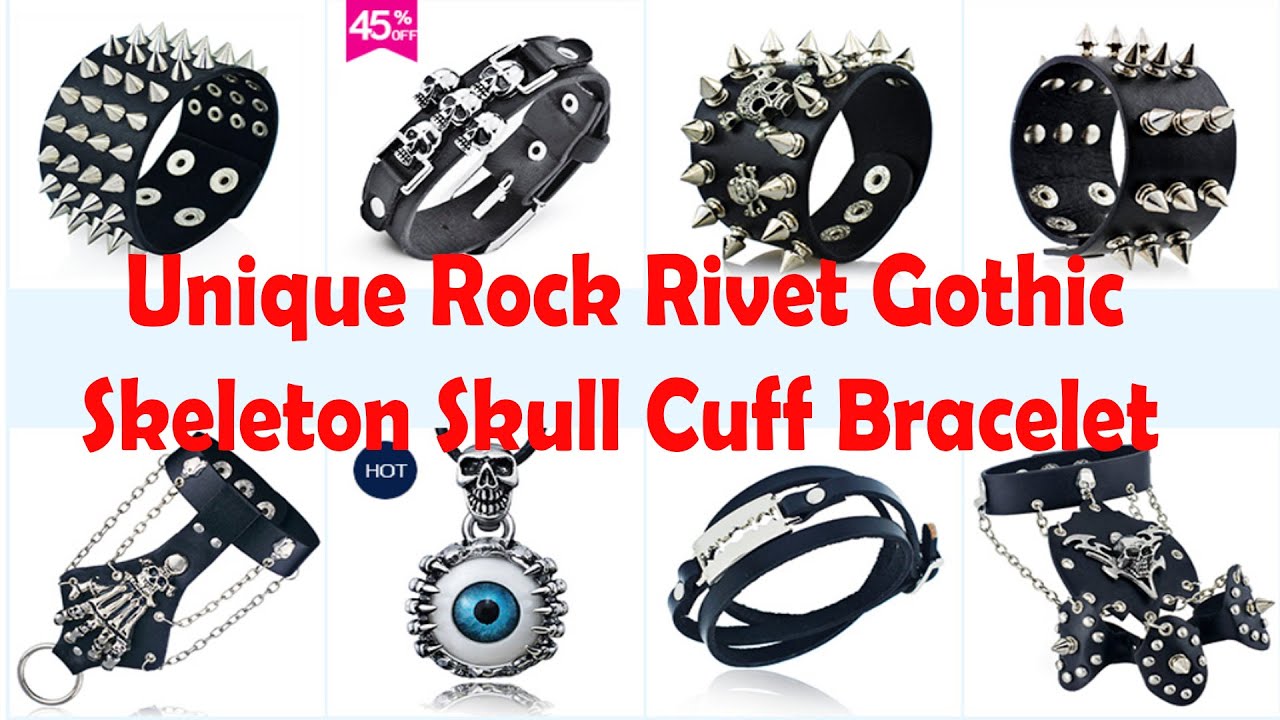 Unique Rock Spikes Rivet Gothic Skeleton Skull Punk Biker Wide Cuff Leather Bracelet
