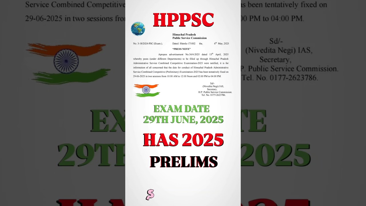 Himachal Pradesh Administrative Services Exam Prelims Date 29th June 2025 #has #hpgk #hppsc #has2025