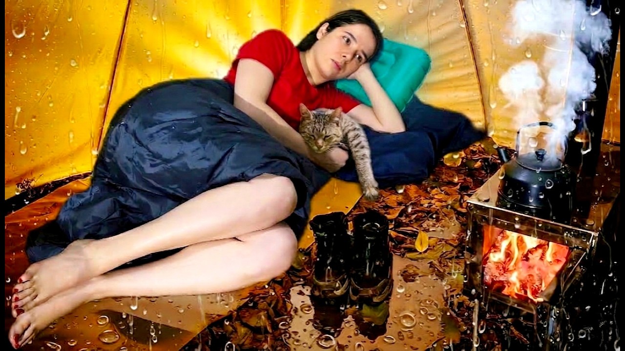 Кемпинг в Hot Tent с моей кошкой под сильным дождём 🌧️🐱 | Уютная печь и Rain ASMR