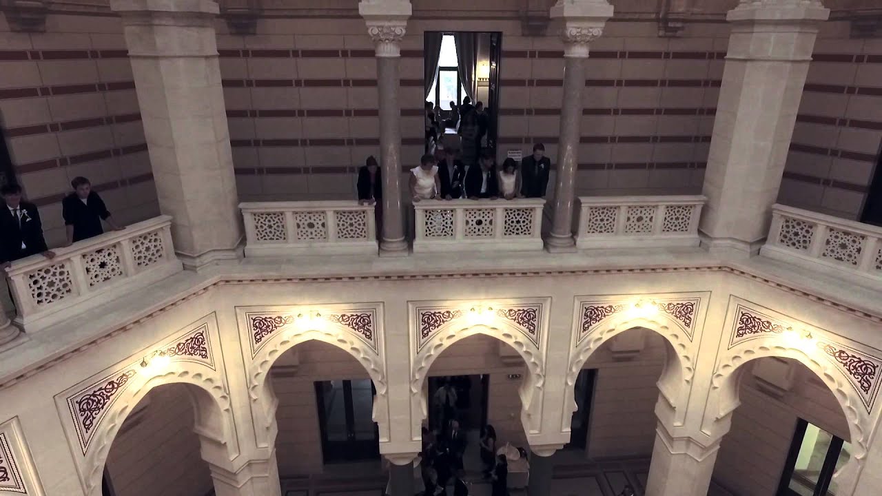 Short  teaser of driving drone inside monumental city hall in Sarajevo