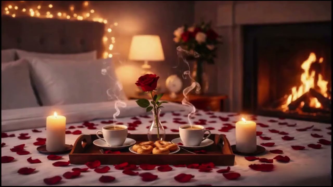 Cozy Bedroom Fireplace Ambiance – Warm Candlelight & Romantic Rose 4K