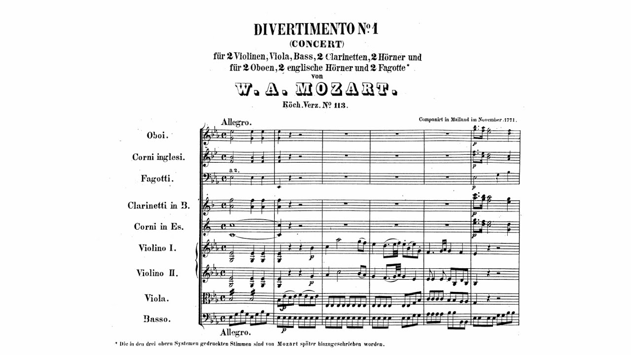 Mozart: Divertimento No. 1 in E-flat major, K. 113 (with Score)