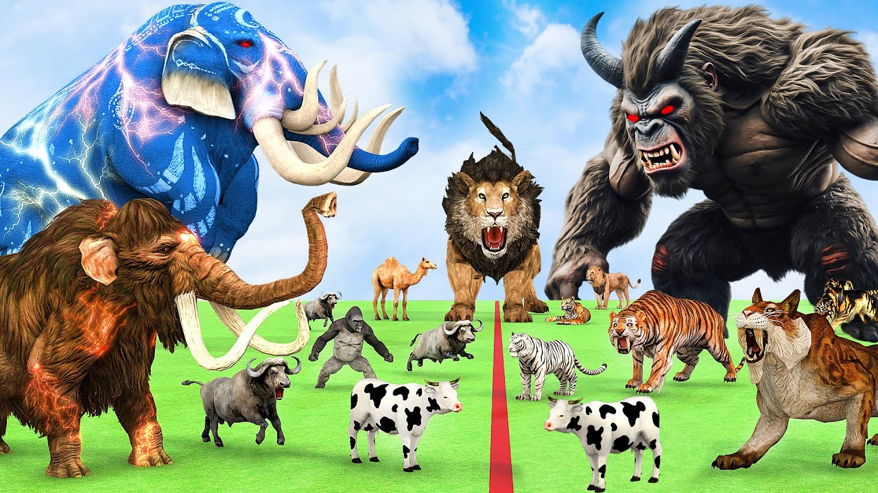 5 Giant Mammoth Elephant Cow Vs Monster King Kong Vs 5 Giant Lion Tiger Saved By Woolly Mammoth