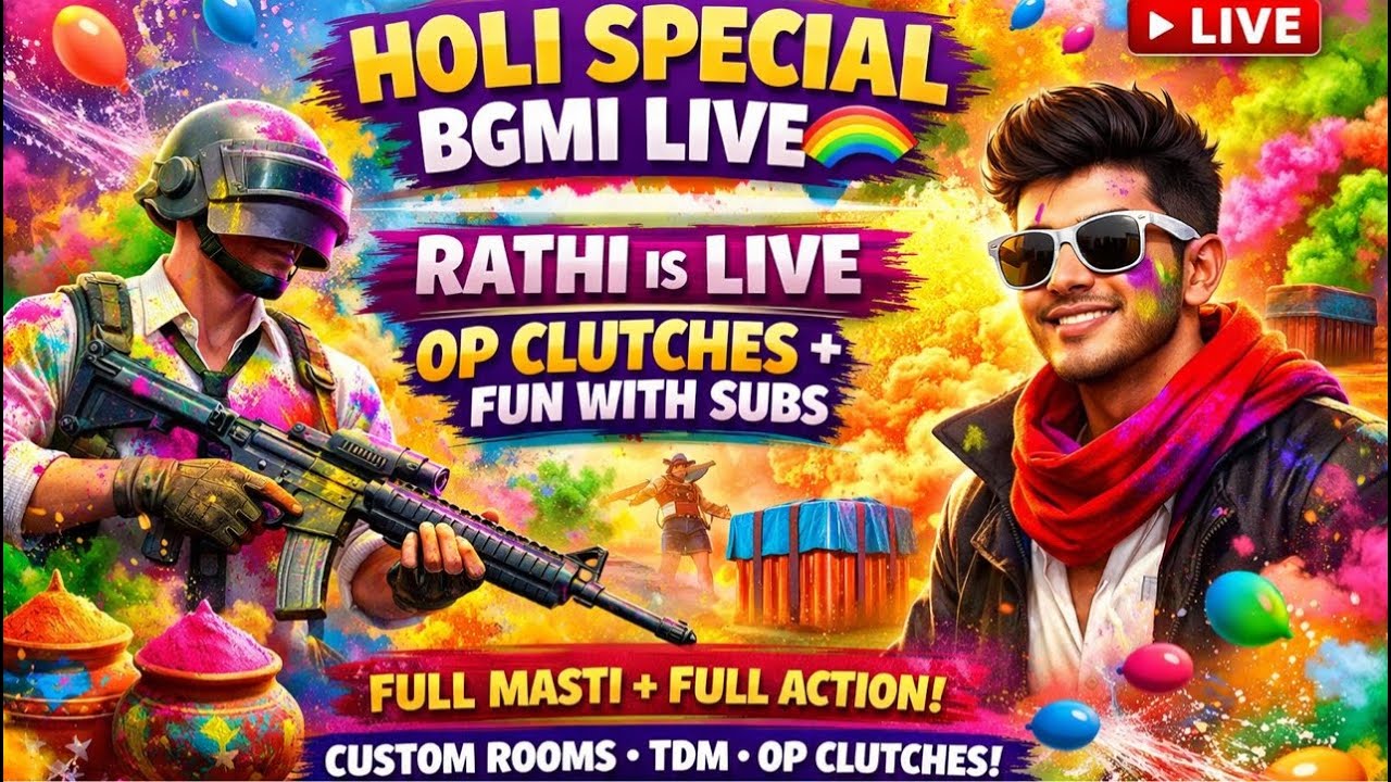 🔥 HOLI SPECIAL BGMI LIVE 🌈 | RATHI IS LIVE | OP CLUTCHES + FUN WITH SUBS❤️
