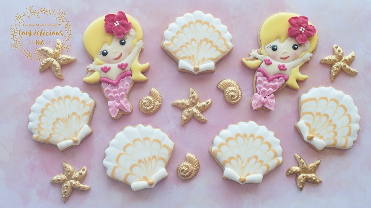 How to make PRETTY MERMAID & MARBLED SEASHELL COOKIES - Wet on wet marbled icing technique (HOW TO)