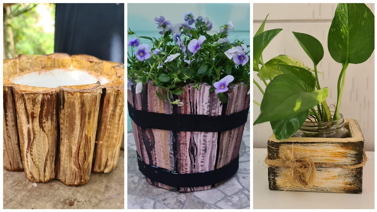 3 Ideias de Decoração com Papelão - Cachepot - Pintura Efeito MADEIRA