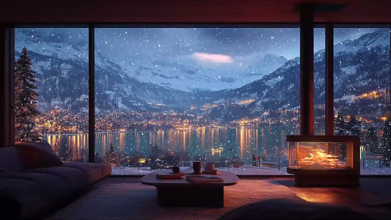 Warm Winter Evening by a Snowy Mountain Lake ❄️ Soft Snowfall & Fireplace Ambience