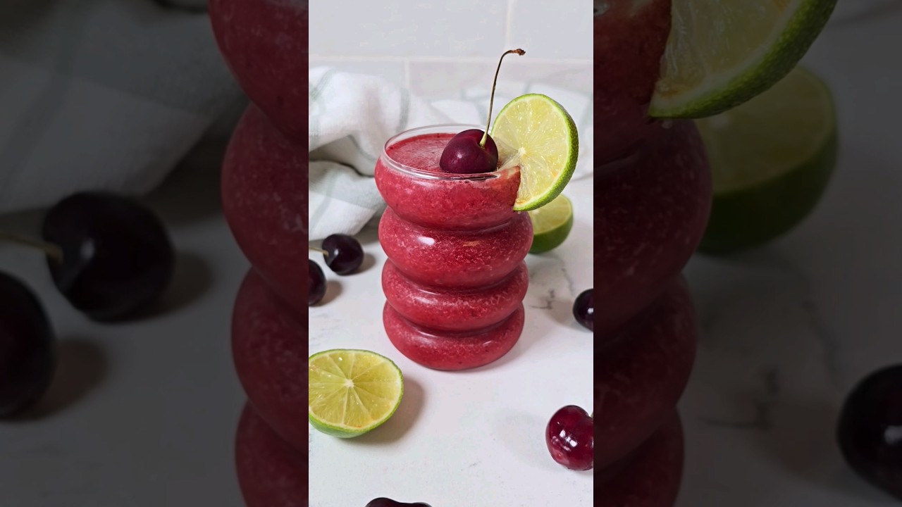 frozen cherry limeade 🍒🍋&zwj;🟩  1 c froz cherries,1/3c lime juice, 2 tbsp honey 1/2 cup water, 1 cup ice
