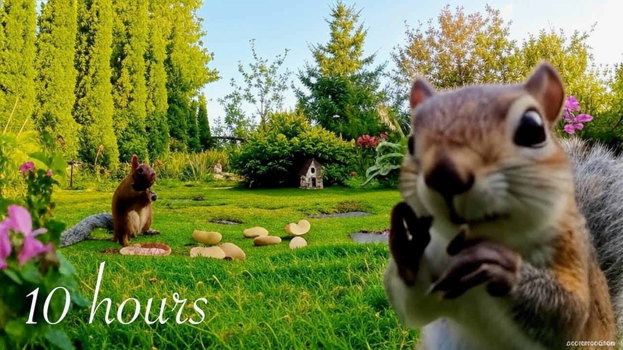 10-hour Cat TV: Chipmunks, Birds and Squirrels in a Beautiful Garden, 4K.