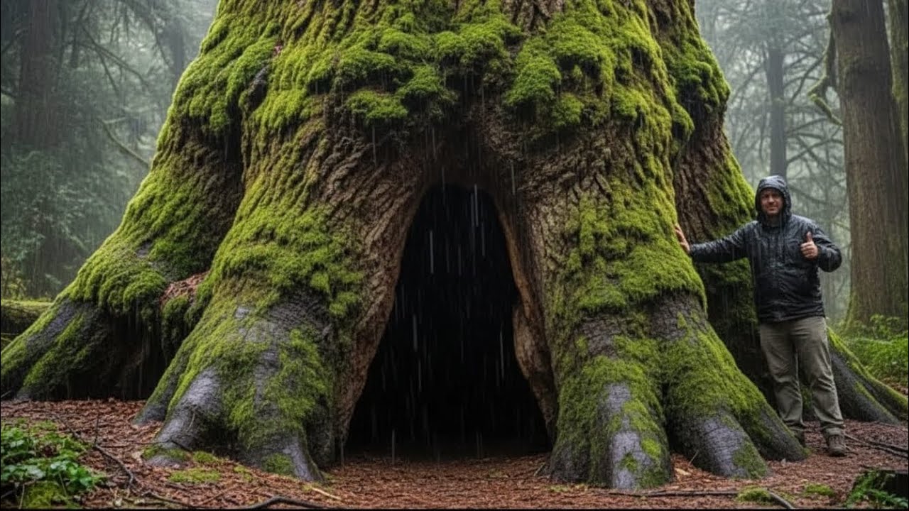 “Transforming a Hollow Tree into a Cozy Tiny Home in the Rain 🌧️🏠”