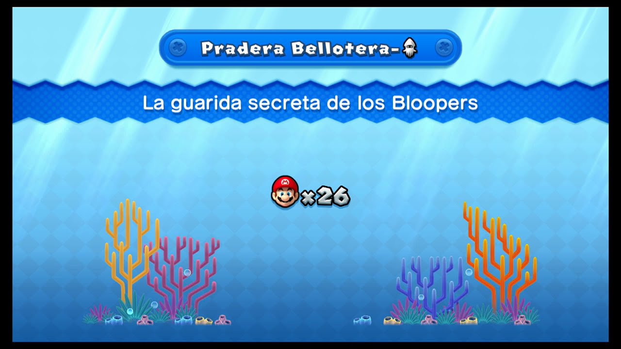 New Super Mario Bros. U: Pradera Bellotera - nivel secreto. La guarida secreta de los Bloopers