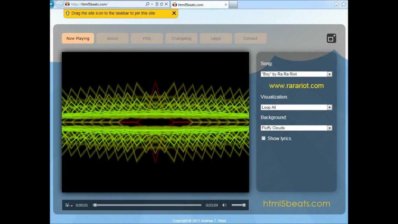 Демонстрация функции HTML5 Music Visualizer: html5beats.com
