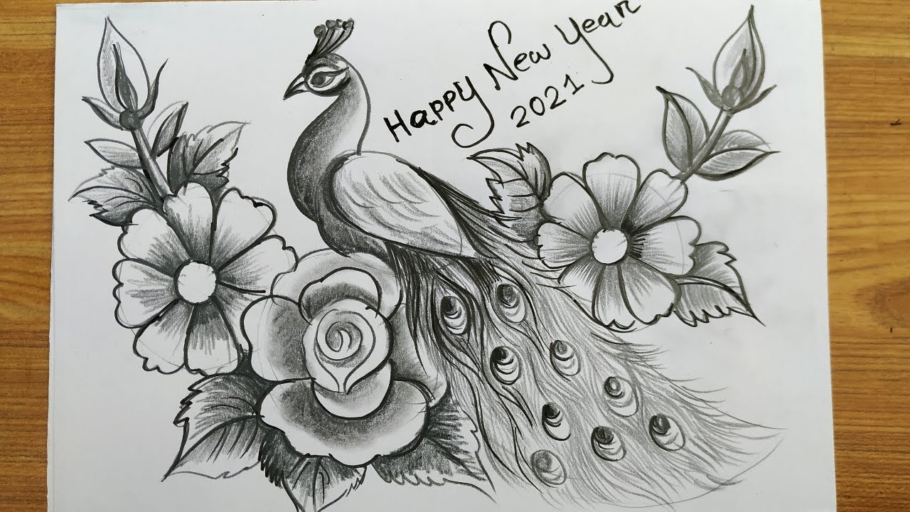 happy new year card 2021,how to make new year greeting card,easy peacock drawing,new year card ,