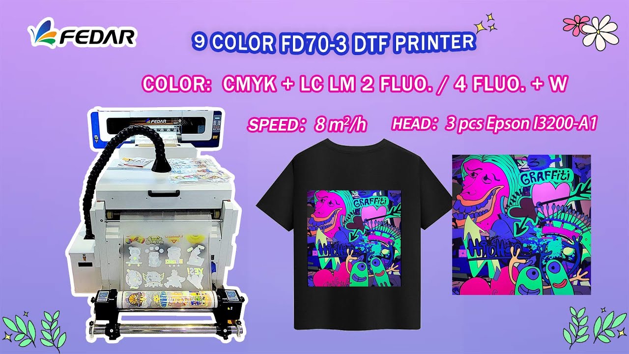 9 Color FD70-3 DTF Printer for CMYK+W+ LC LM 2 FLuO/4 FLUO Printing: 60cm with 3 Epson I3200-A1 Head