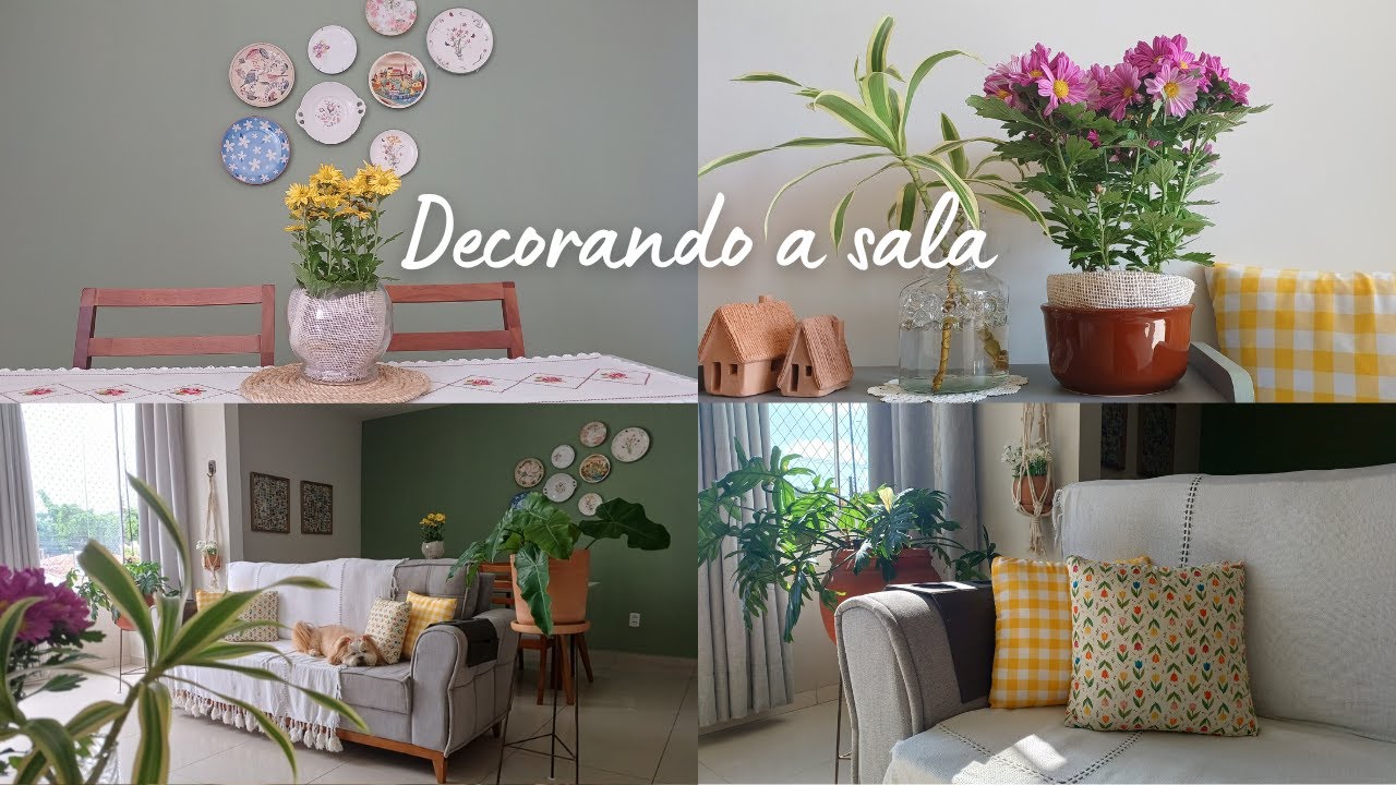 Decoração aconchegante da sala para primavera. Almofadas faça você mesmo. Pratos na parede e flores.