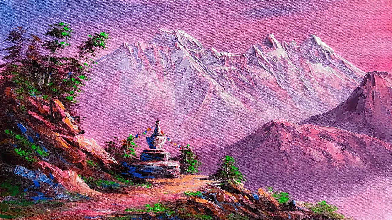 Mt. Everest and Lhotse in Red | Easy Acrylic Mountain Landscape Painting | Nepali Art