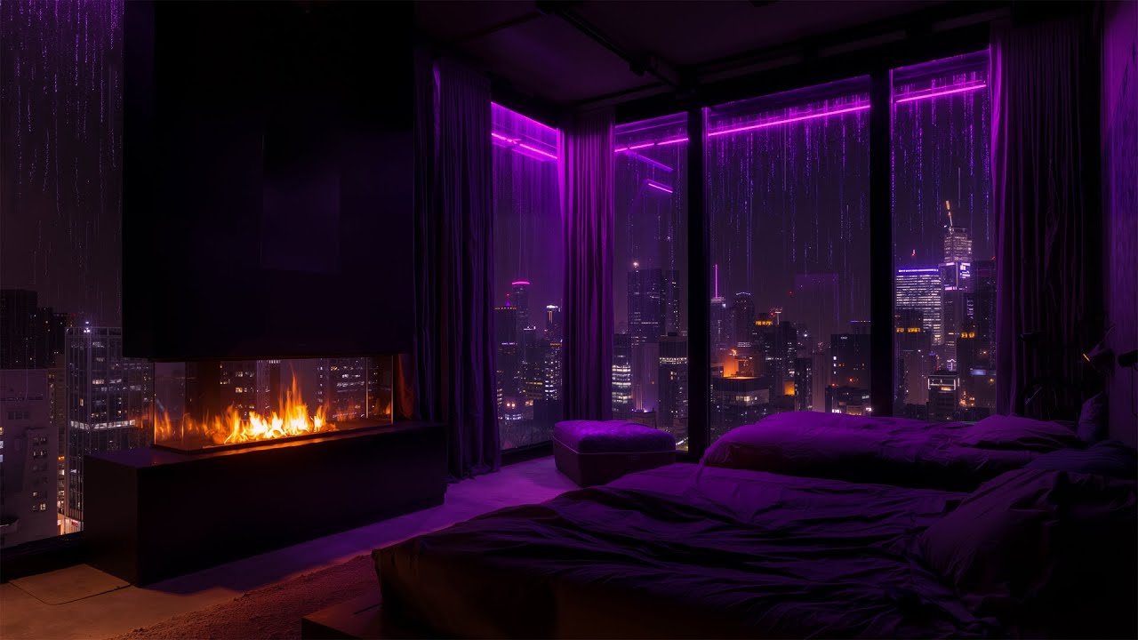 Purple Rainy Night Bedroom with City Lights 🌙 Soft Piano Music for Deep Sleep and Relaxation