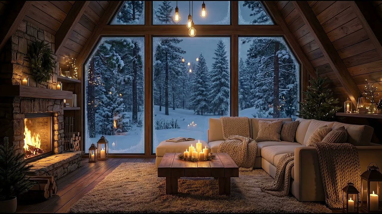 Cozy Winter Cabin Ambience ❄️ Snow Night with Fireplace Sounds for Relaxation, Sleep