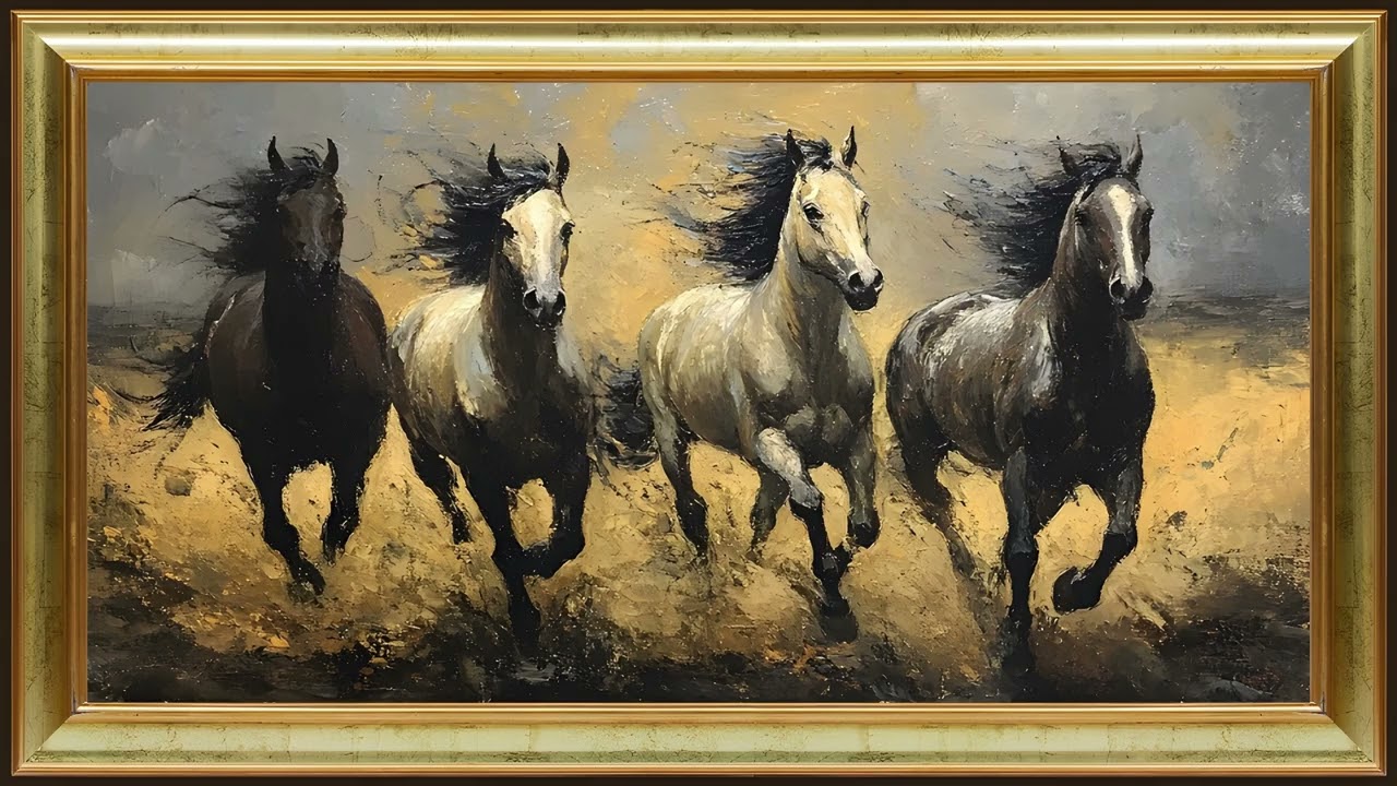 Four Running Horses, Vintage Equestrian Oil Painting | Gold Framed TV Art Screensaver