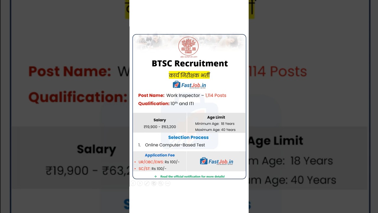 BTSC Work Inspector Recruitment 2025 | BTSC Work Inspector Vacancy 2025 | New Vacancy 2025
