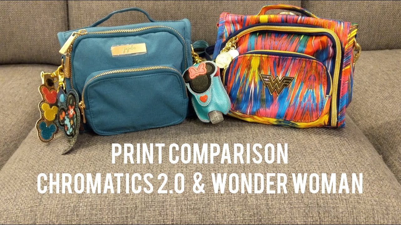 Print Comparison: Jujube Mini BFF with teal lagoon, golden amber and Wonder Woman - Momma's purse
