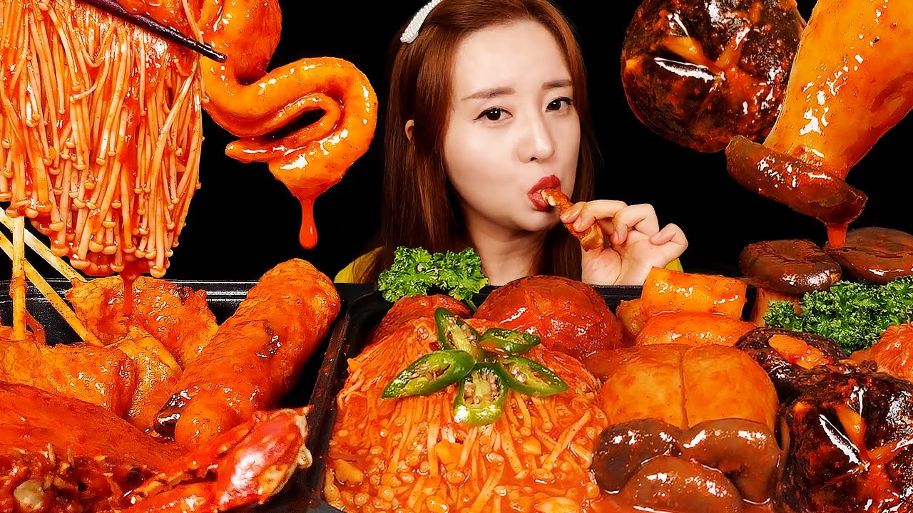 приготовление MUKBANG :) различных острых грибов, крабов, рыбных лепешек | bokyoung