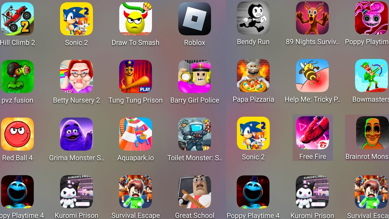 Roblox,Papa Pizza's Pizzeria!,PvZ Fusion,Betty Nursery,Poppy Playtime 4,Bendy Run,Grimace Monster...