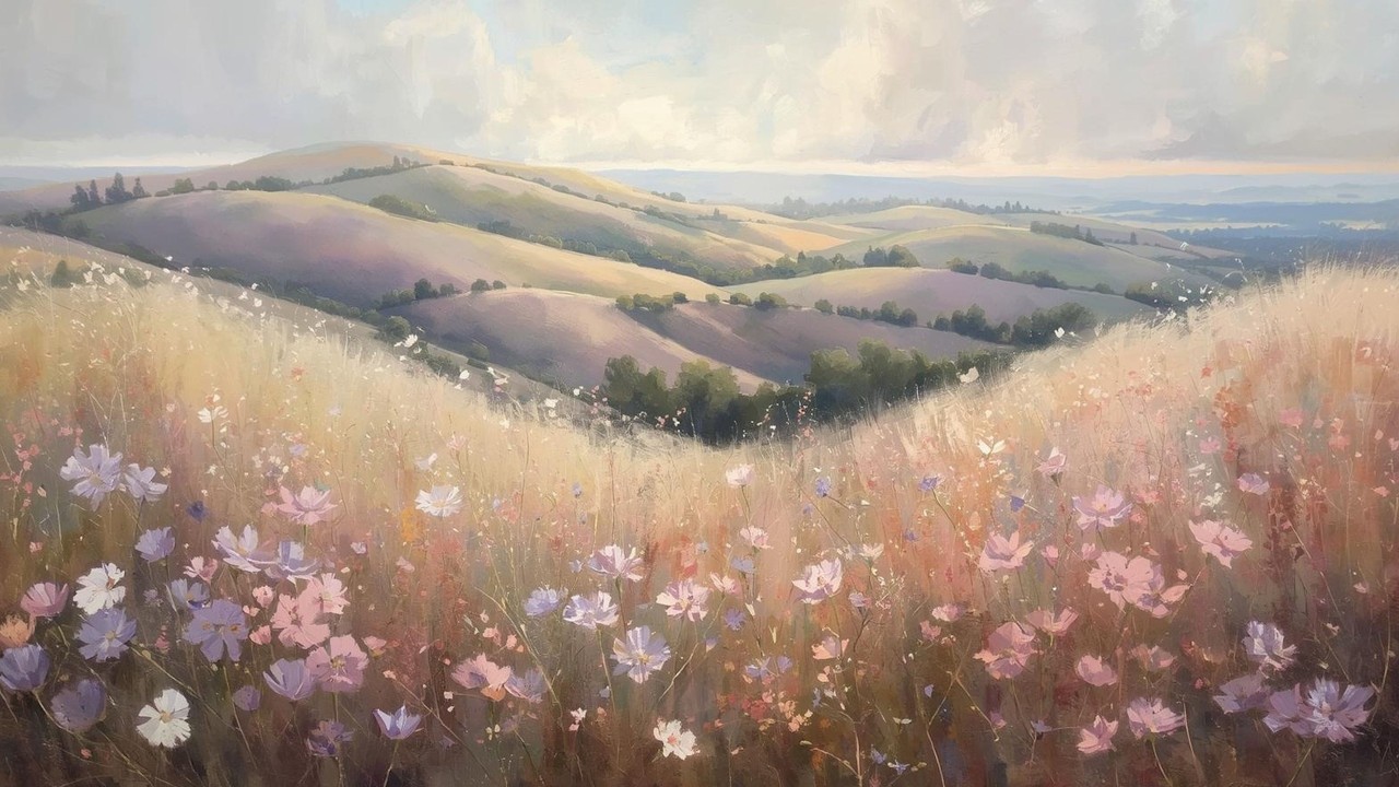 Rolling Hills Wildflower Meadow Landscape Vintage Painting | Frame TV Art | 2-Hour Screensaver