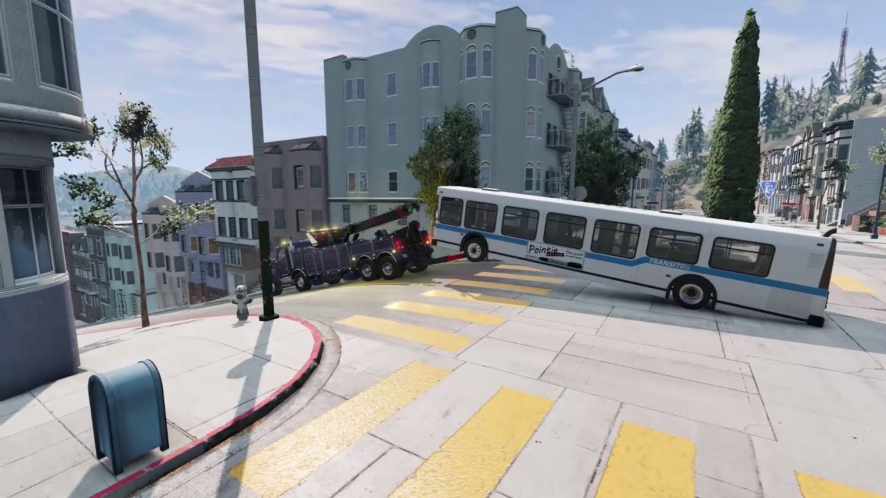 BeamNG Towing| Towing a Broken City Bus Downhill