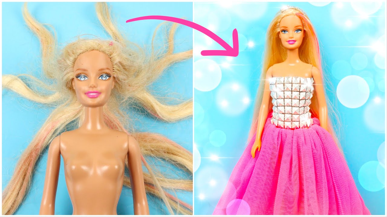 ETKİLEYİCİ BARBIE DÖNÜŞÜMÜ | Saç Düzeltme,Kıyafet Yapımı,Pembe Elbise ~ DIY Barbie Hairstyle Clothes