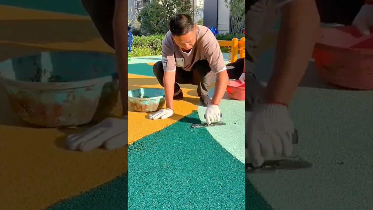 Applying and Smoothing Colorful Rubber Flooring for a Safe and Durable Playground Surface 