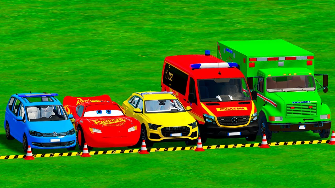 DACIA, MCQUEEN CAR, FORD POLICE CARS, AMBULANCE EMERGENCY TRANSPORTING WITH TRUCKS ! FS22