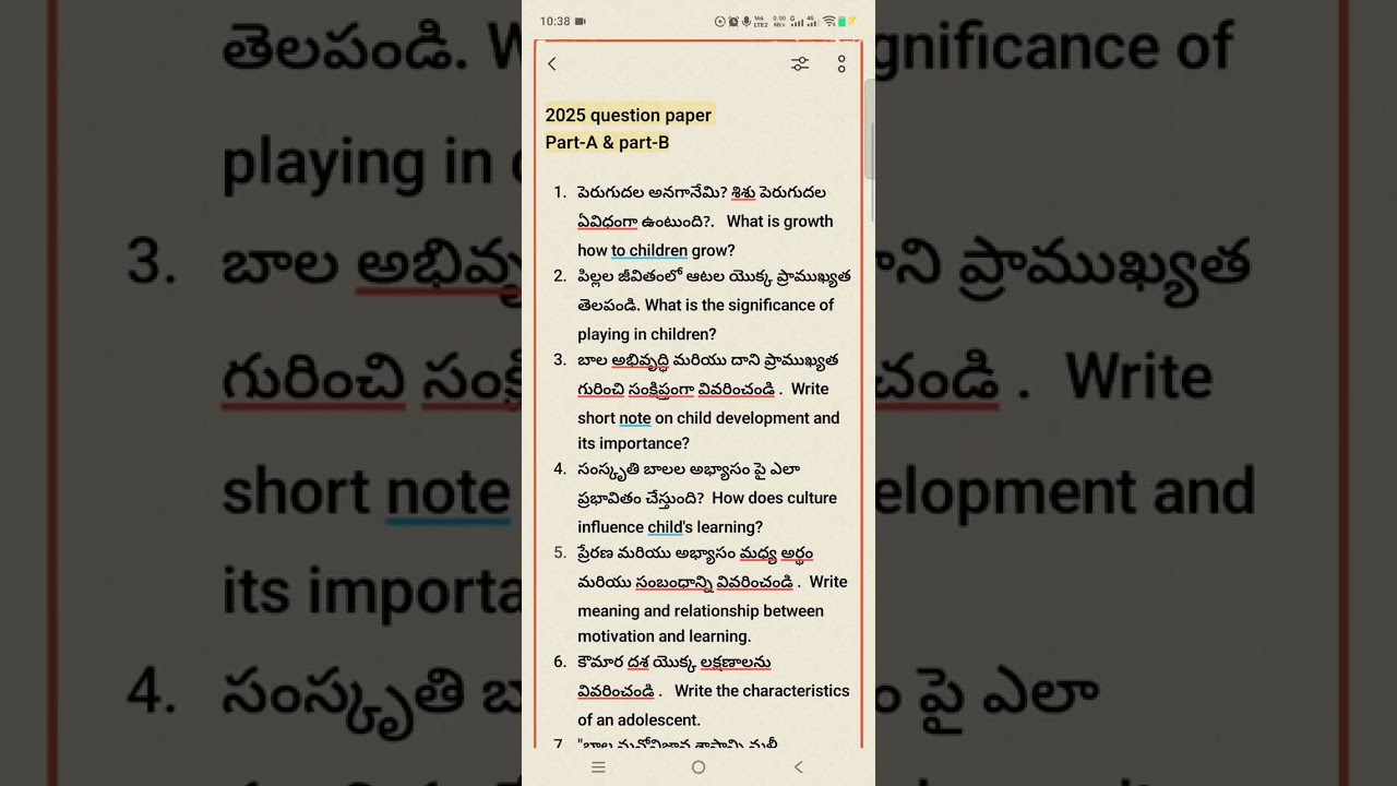 B.ed 1st sem/ child development and psychology/ 2025 paper answers/ telugu medium 