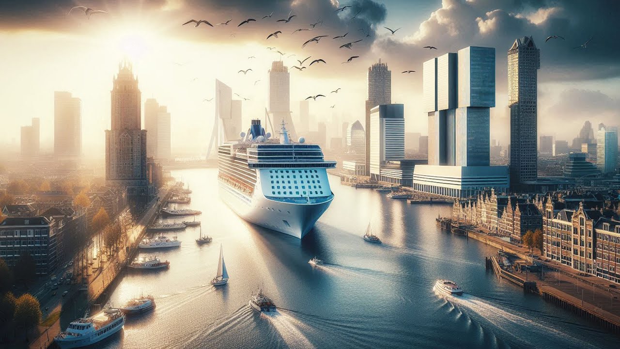 Rotterdam From the Water Epic Cruise Ship Arrival Timelapse