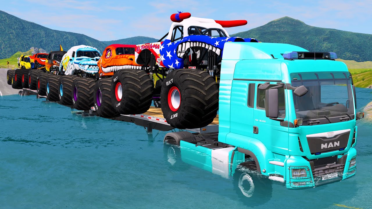 Double Flatbed Trailer Monster Trucks Transport with Slide Color - Cars vs Speed bump - BeamNG.drive