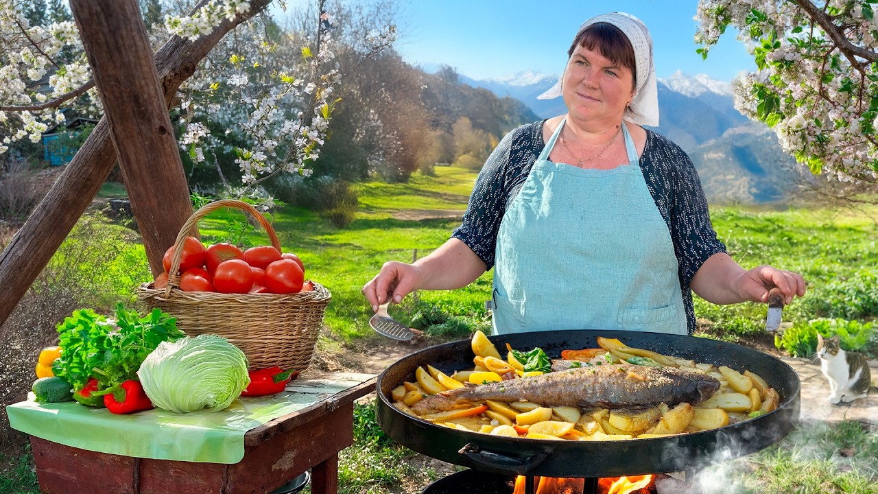 Village Life & Cooking – Fried Mackerel with Potatoes + Cherry Pie