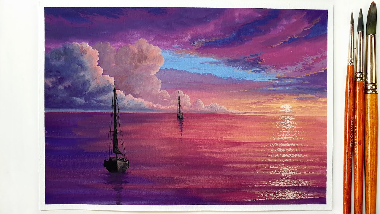 Sailboat at Sunset ｜ Gouache Painting ｜ Sunset Seascape Painting