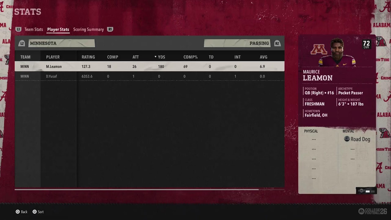 College Football 26 OG Dynasty 2032 Week 3 #4 Alabama @ Minnesota