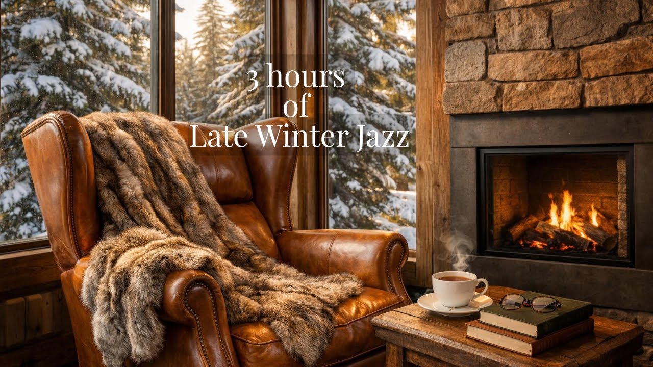 Reading Nook Jazz 📖 Crackling Fireplace & Snowy Forest Views | 3 Hours Peaceful Reading Music