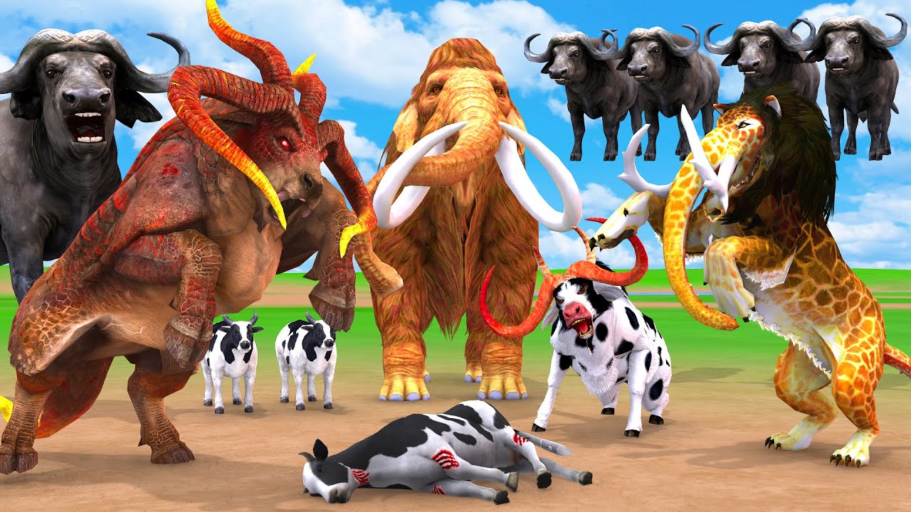 Monster Lion Mammoth Attacks Cow Cartoon Buffalo Saved By Giant Bull, Woolly Mammoth Elephant Battle