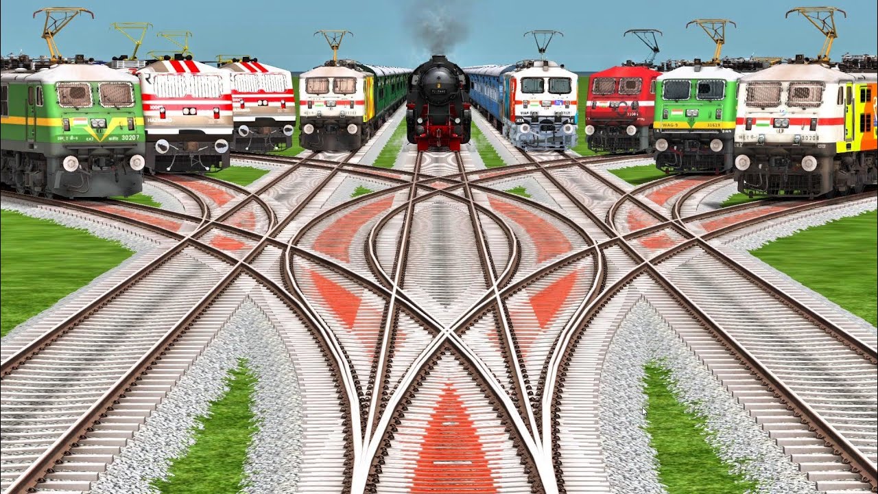 🚂🔥 Nine Steam Trains Crossing on Dangerous Curved Tracks ||Train Video Funny||