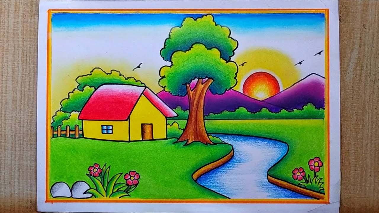 How to draw Very easy  Scenery drawing| Village scenery drawing| Landscape Scenery drawing| House