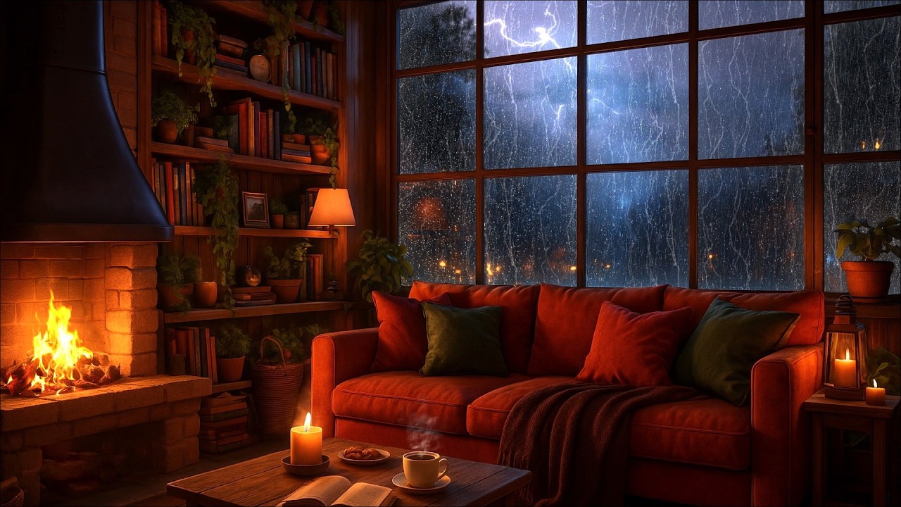 Heavy Thunderstorm Outside - Fireplace & Rain Sounds | 3 HOURS
