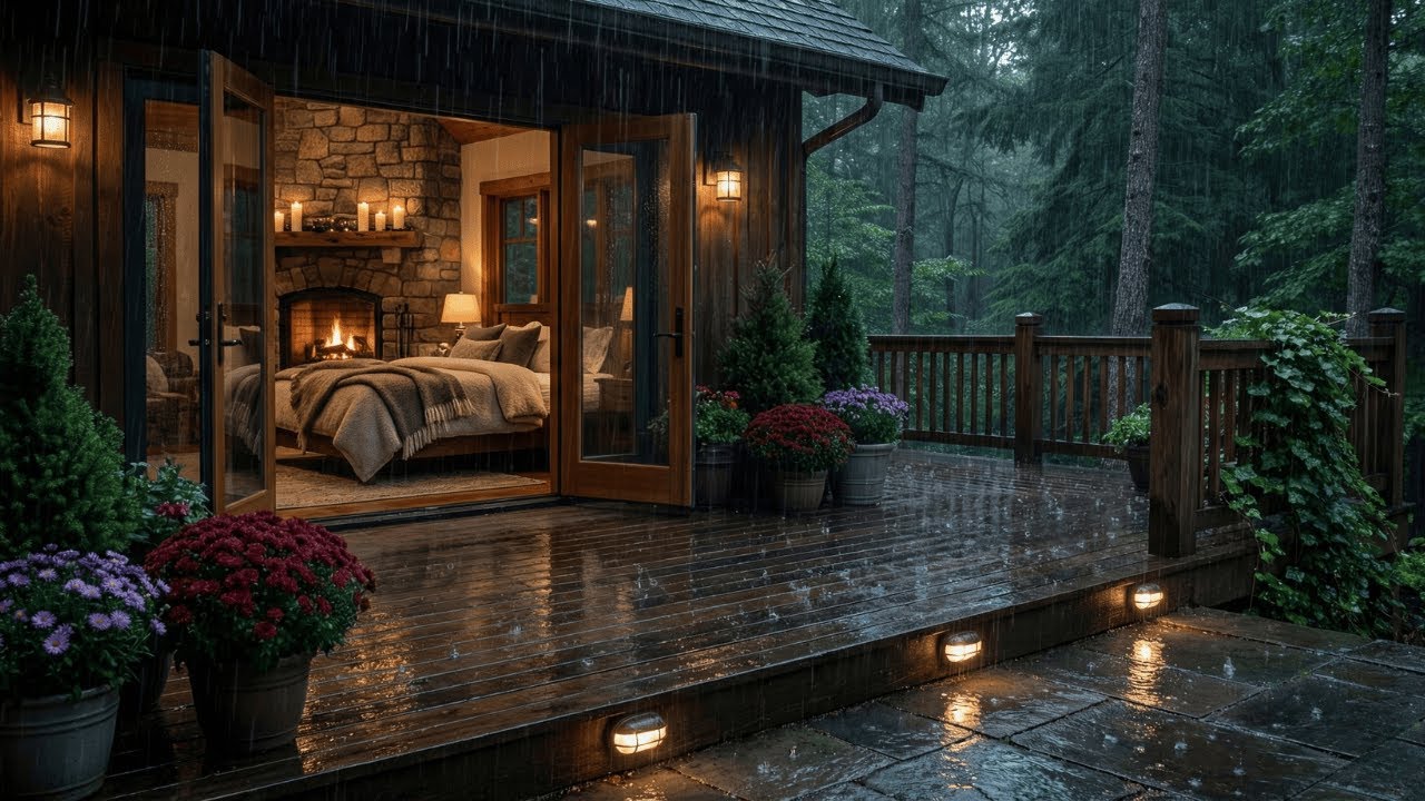 Heavy Rain Sounds in a Forrest Cabin Deck  | Deep Relaxation, Focus & Sleep