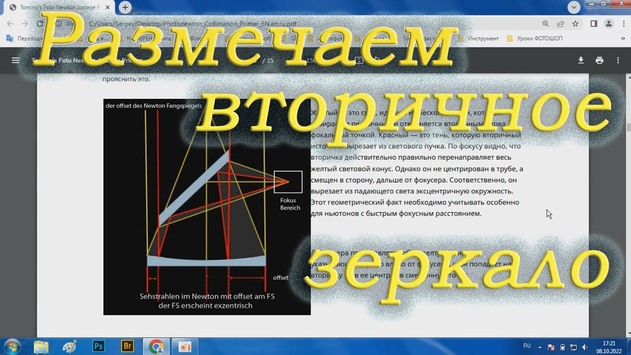 Офсетная точка диагонального зеркала для юстировки телескопа Ньютон